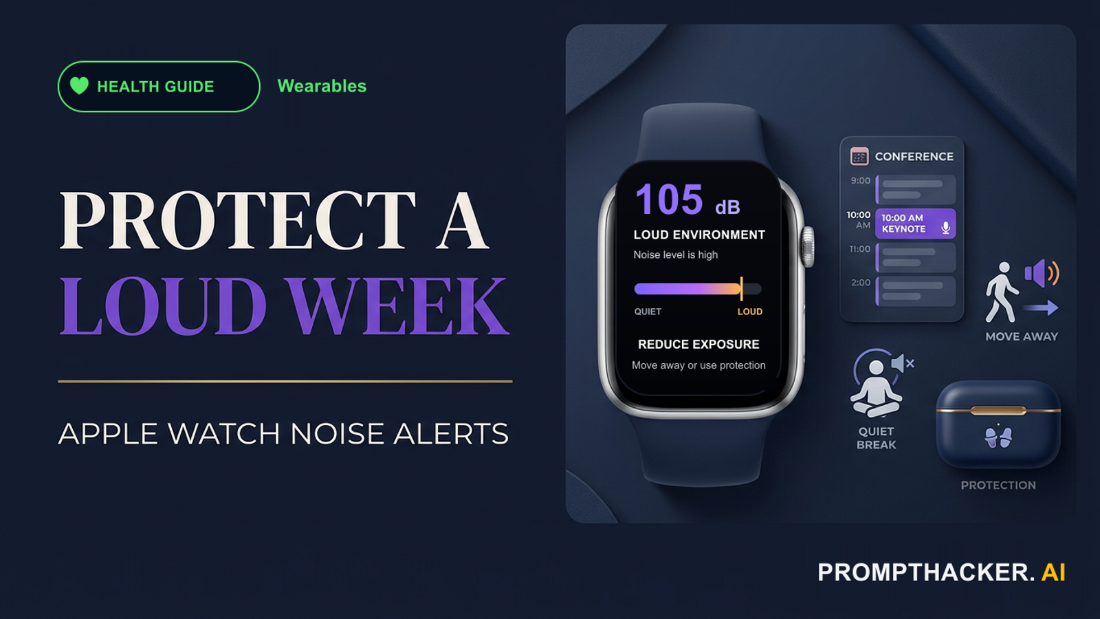 An Apple Watch Noise alert beside a conference schedule and quiet-break plan.
