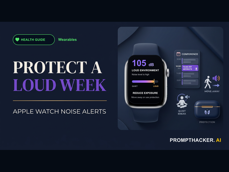An Apple Watch Noise alert beside a conference schedule and quiet-break plan.