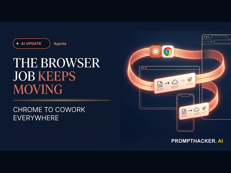 A Claude Cowork session carrying browser research from a Chrome side panel to desktop and mobile.