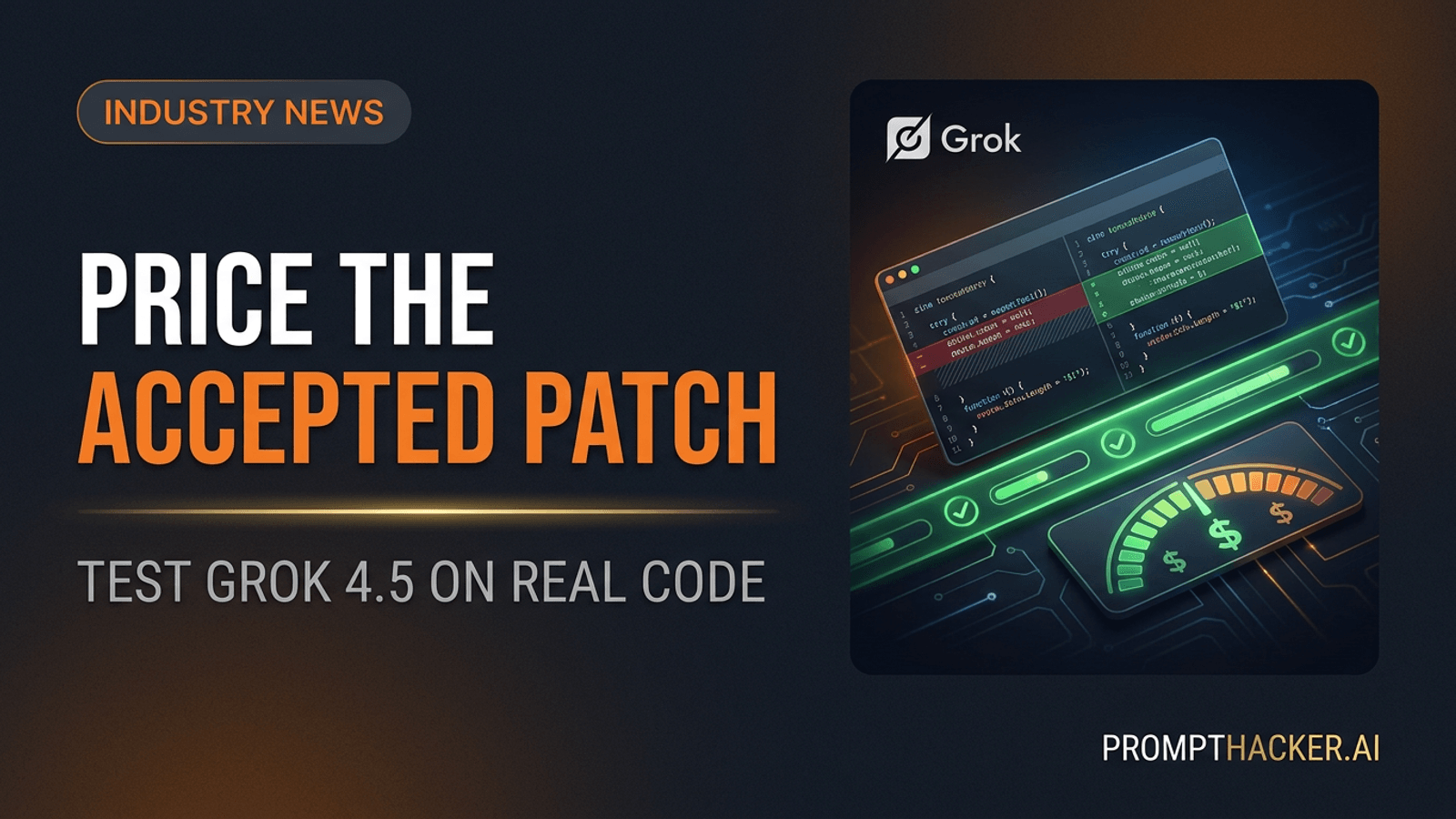 Grok 4.5 code workspace beside a cost meter and passing test results.