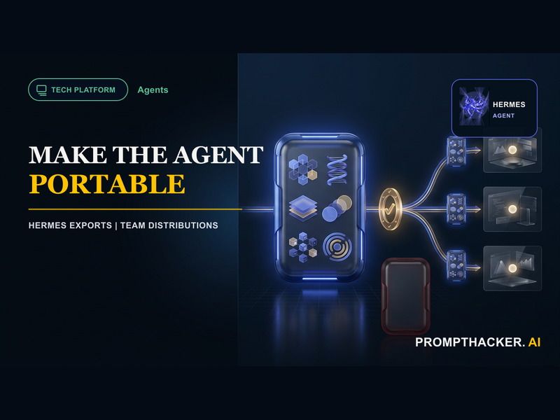 A Hermes agent profile moving through a reviewed export into separate team workspaces.