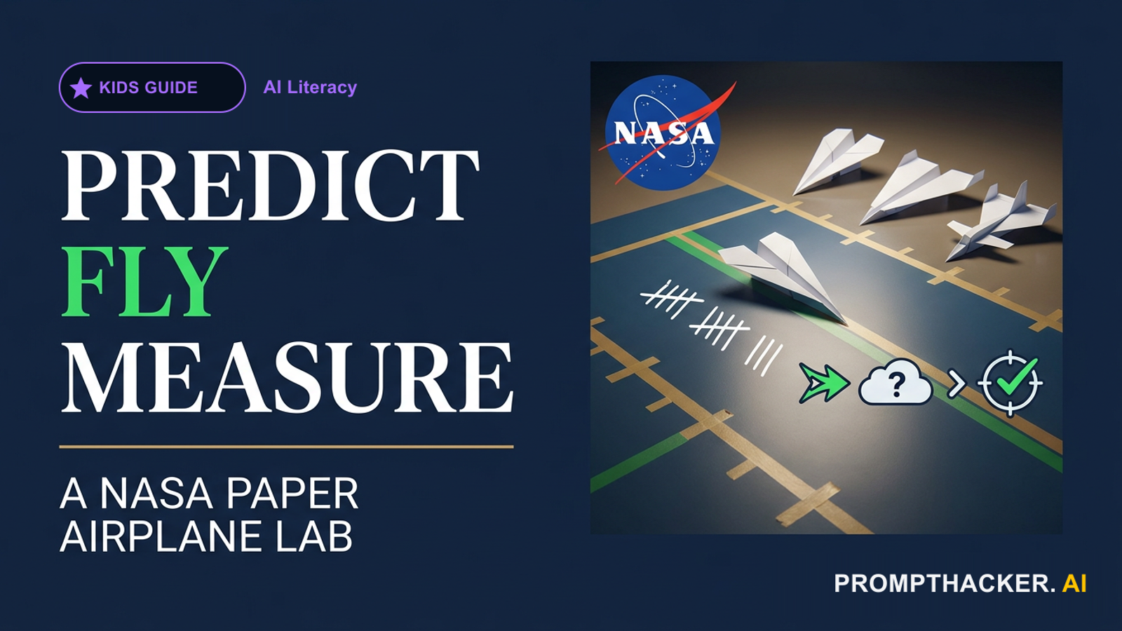 A child-safe paper-airplane test range with three design cards, flight measurements, and an AI prediction sheet.