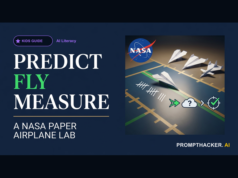 A child-safe paper-airplane test range with three design cards, flight measurements, and an AI prediction sheet.