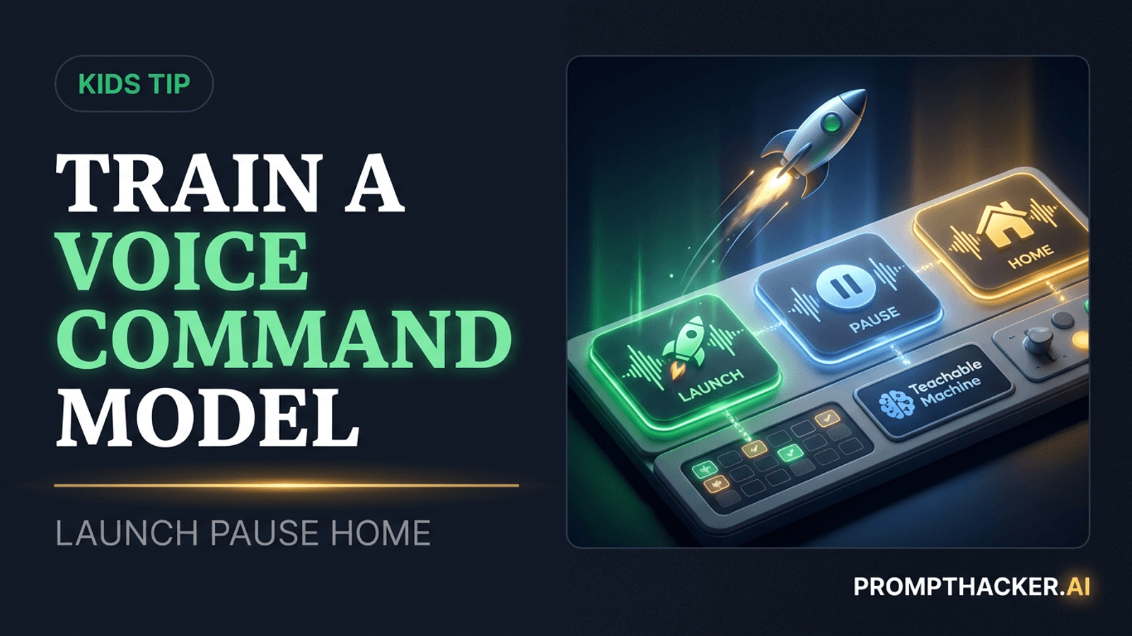 A child-safe space mission console responding to launch, pause, and home voice commands.