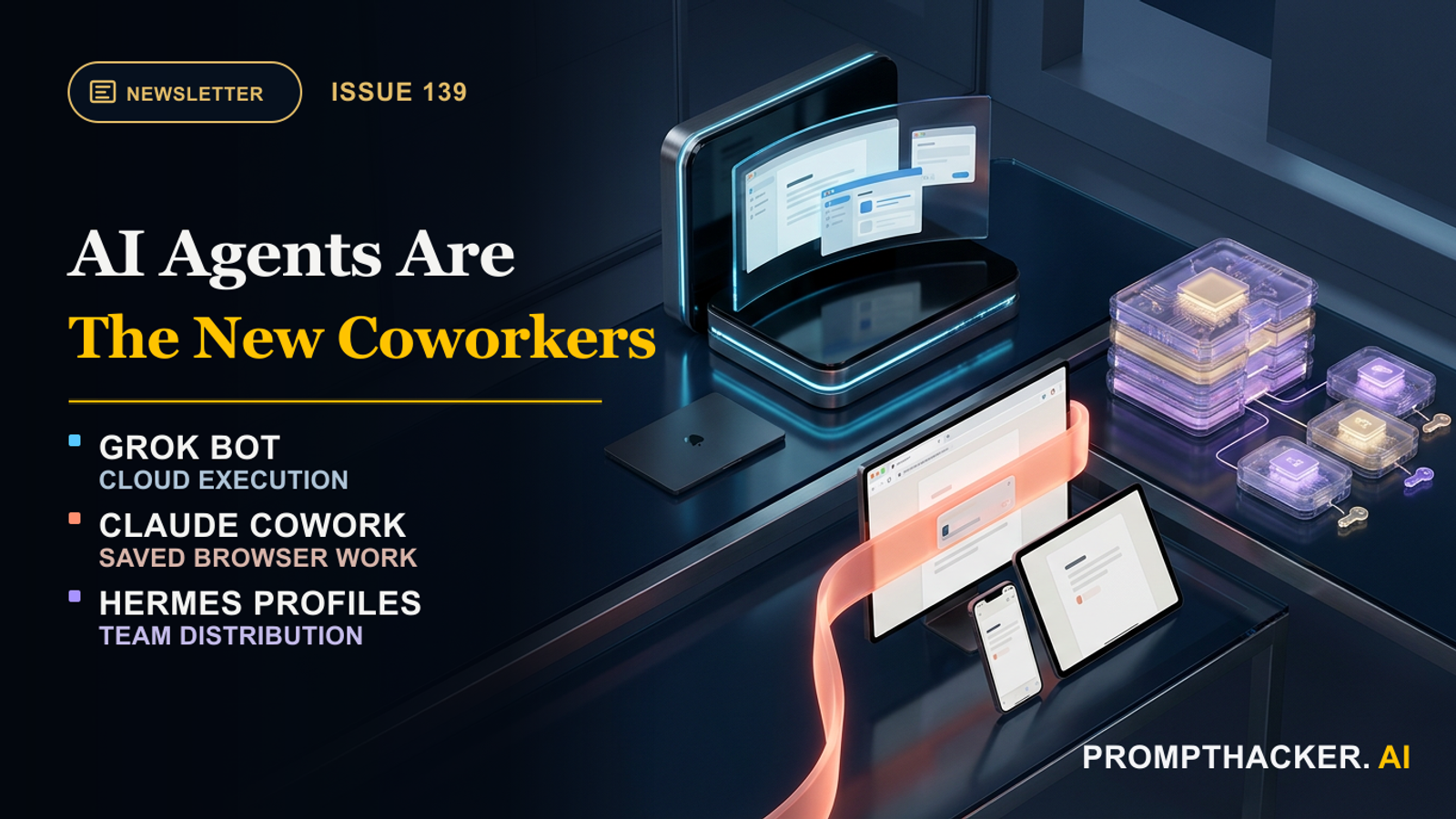 PromptHacker cover showing Grok Bot cloud execution, Claude Cowork browser continuity, and portable Hermes team profiles beyond the chat window.