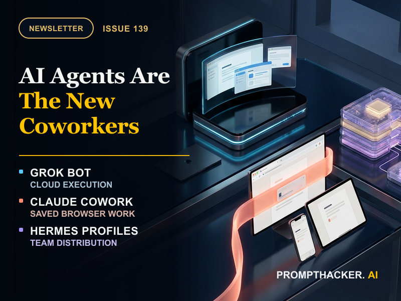 PromptHacker cover showing Grok Bot cloud execution, Claude Cowork browser continuity, and portable Hermes team profiles beyond the chat window.
