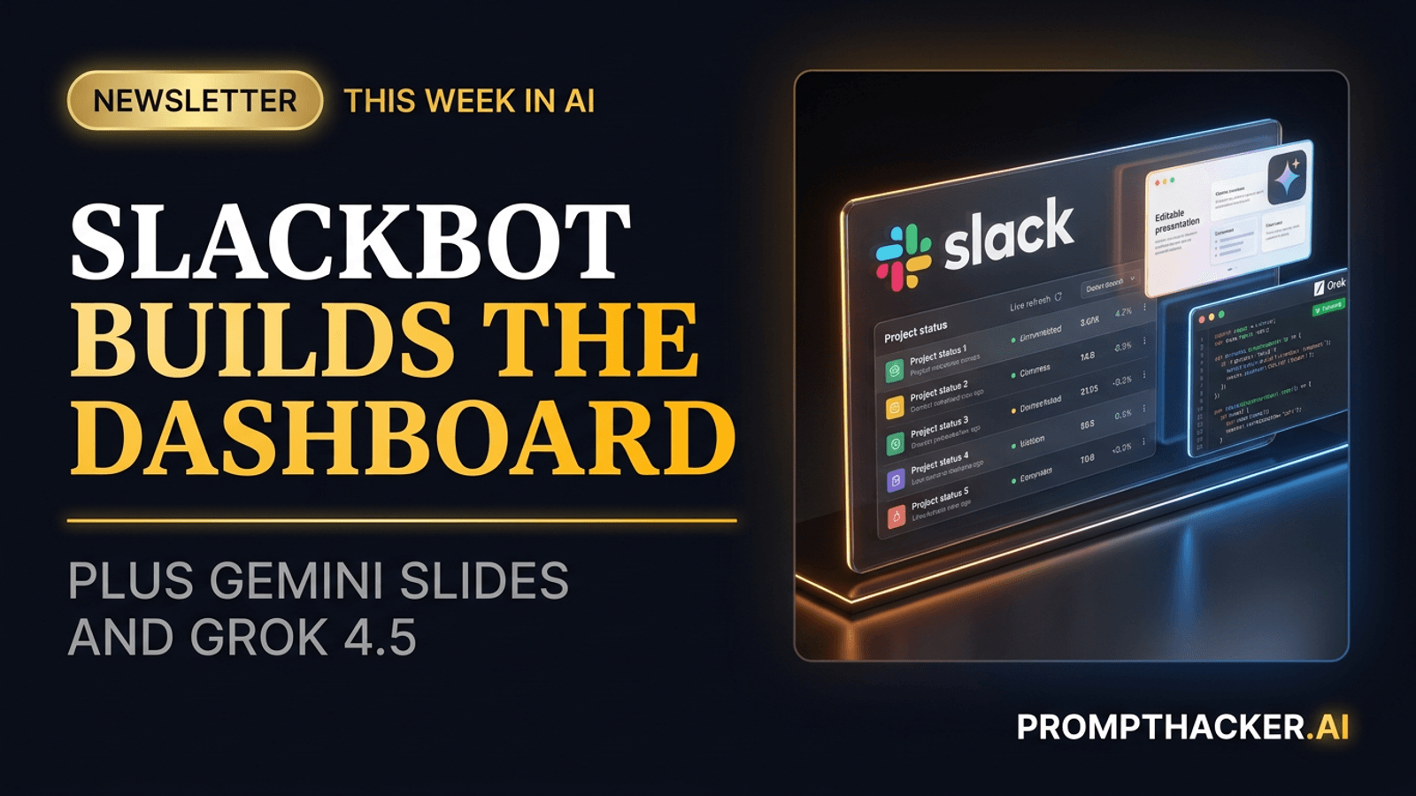 PromptHacker cover showing a Slack dashboard, Gemini presentation, and Grok coding test in a clean editorial collage.