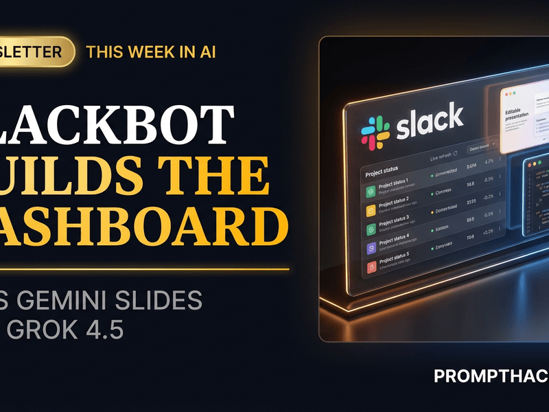 PromptHacker cover showing a Slack dashboard, Gemini presentation, and Grok coding test in a clean editorial collage.